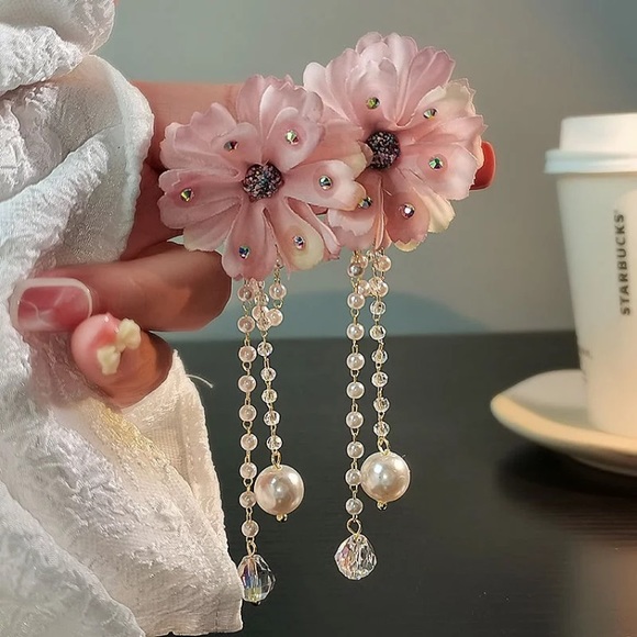 Jewelry - Big Pink Fabric Drop Long Crystals Earrings